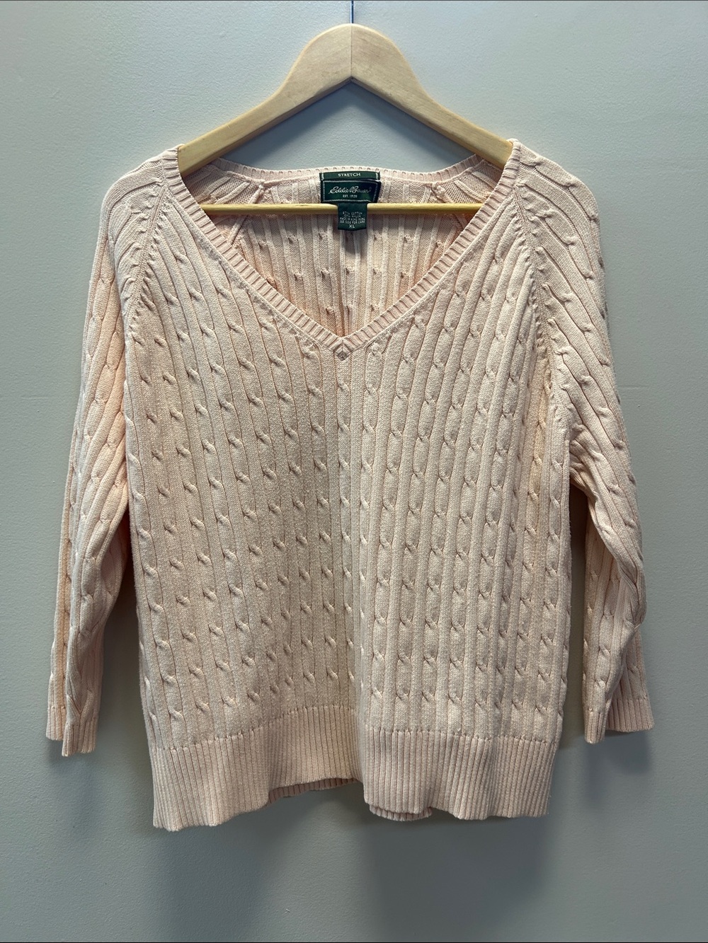 Eddie Bauer Women's Light Peach Cable V-Neck Sweater